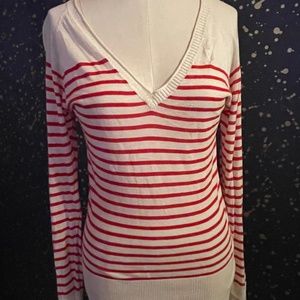 Obey, red and white striped V neck lightweight sweater, medium